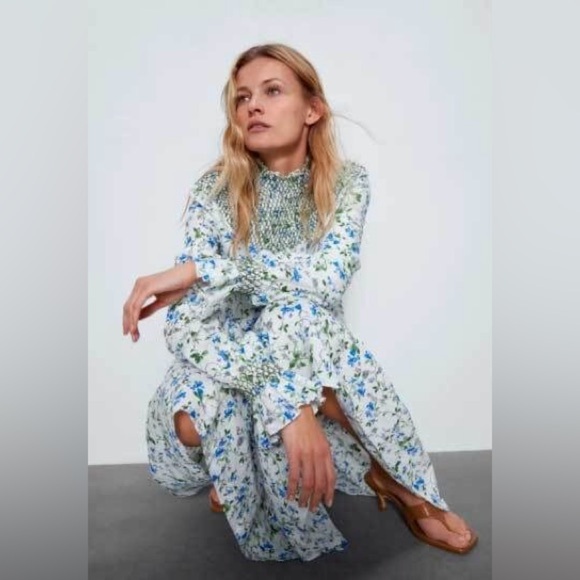 Zara smocked embroidered Floral Blue and White Maxi Dress - Picture 1 of 8
